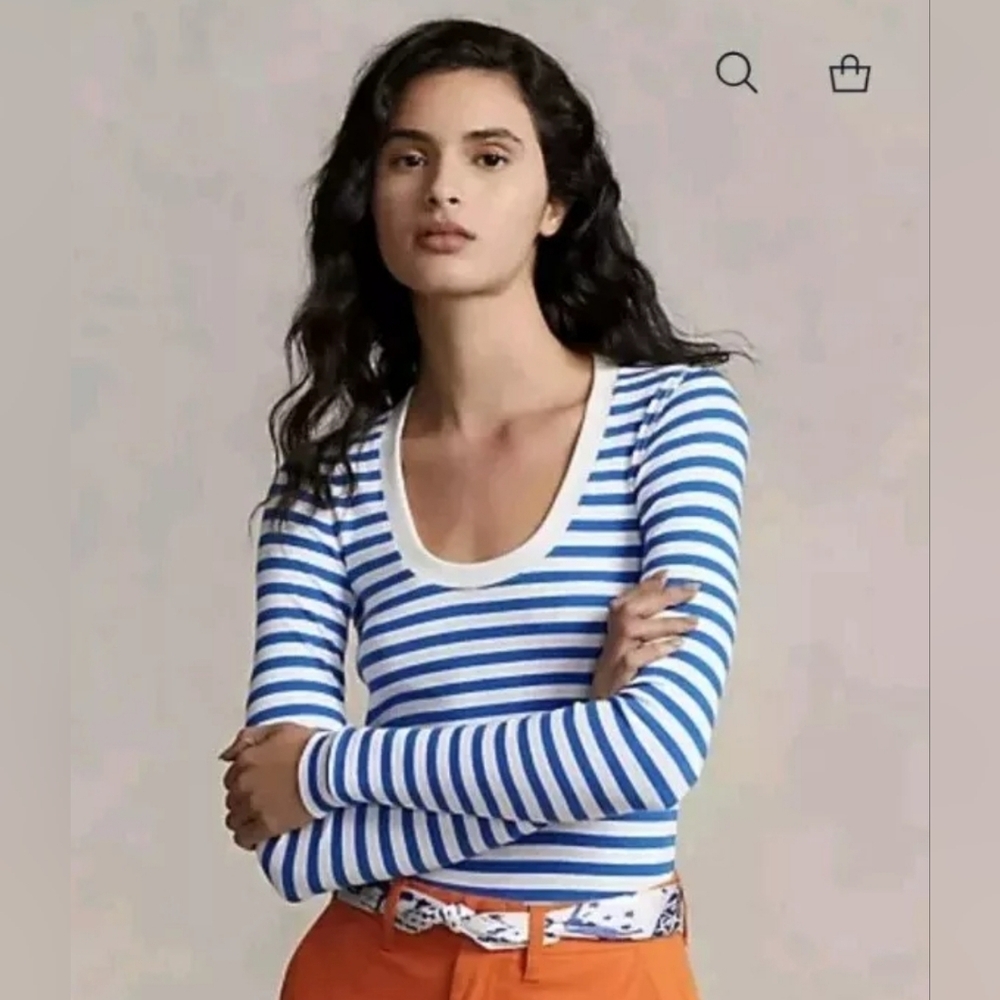 Ralph Lauren Blue Striped Rib Scoopneck tee, M